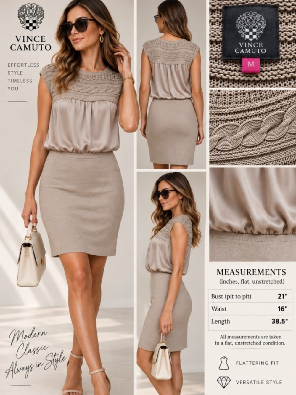 Vince Camuto Women’s Size M Nude Beige Mixed Media Cable Knit Blouson Dress